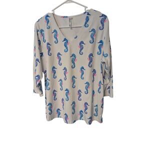 Lulu B Blue Seahorse Novelty Print Smooth Knit Top XL V Neck Tunic Spring Shirt